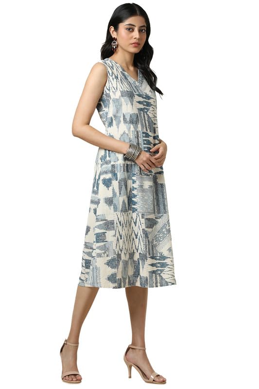 Soch Womens Beige Cotton Slub Abstract Print Dress