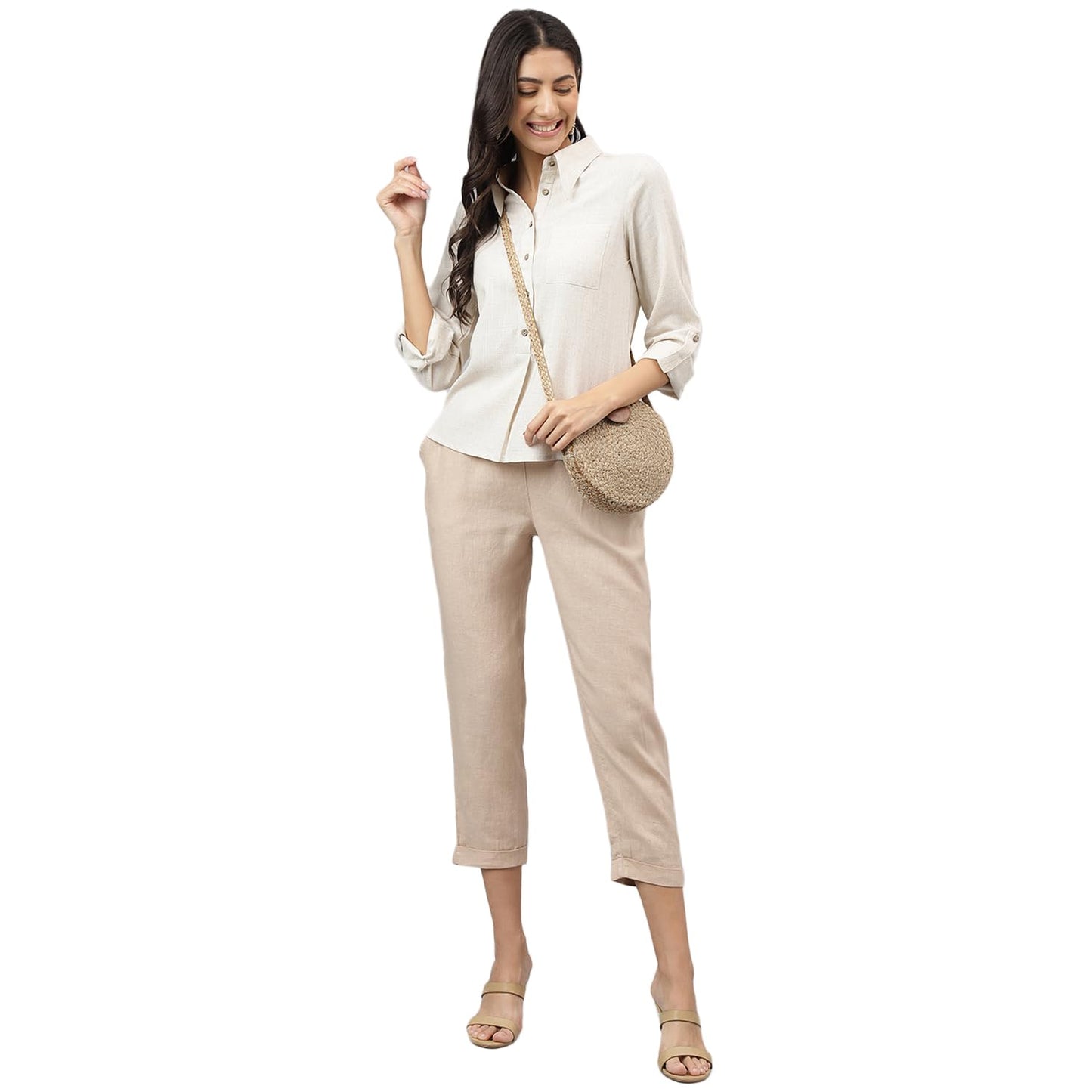 Latin Quarters Women Beige Spread Collar Long Sleeves Solid Shirt for Casual_XXL