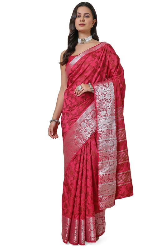 Soch Womens Pink Art Silk Floral Saree with Silver Zari Border