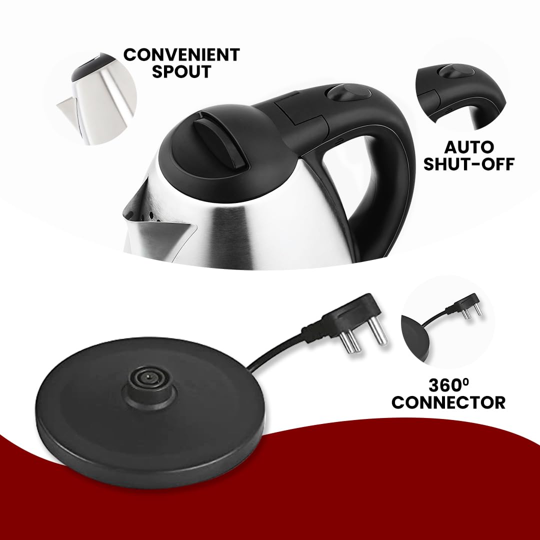 Cadlec Aquanix 1.8 Litre Electric Kettle with Stainless Steel Body | Automatic Cut-Off | Cool-Touch Handle & Lid | Multi-Use for Tea, Coffee, Noodles | 1500W | 2-Year Warranty