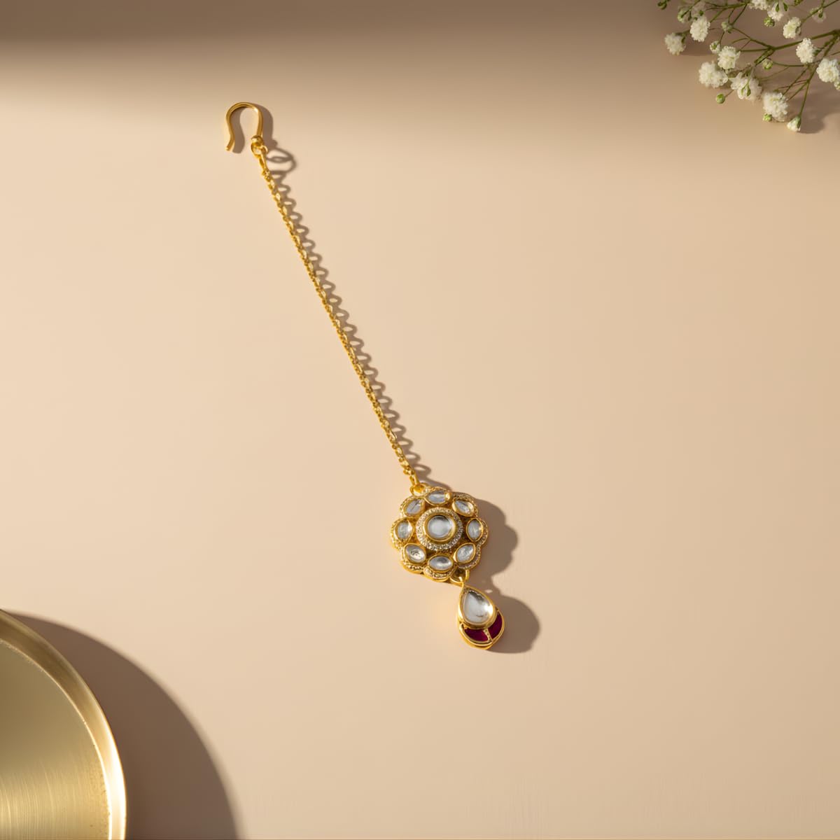 Iksava Traditional Kundan Maang Tikka for Women & Girls | Gold Plated Bridal Accessory with Pearl Drop | Ethnic Wedding & Festive Jewellery (Desing 1)