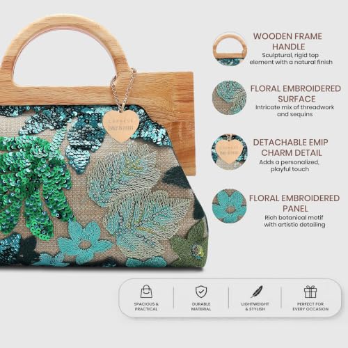 Caprese Emily in Paris Riyo Embroidered Clutch for Women | Medium Handheld Bag with Chain Strap | Faux Leather Evening Clutch | Kiss-Lock Closure | Metal Charm