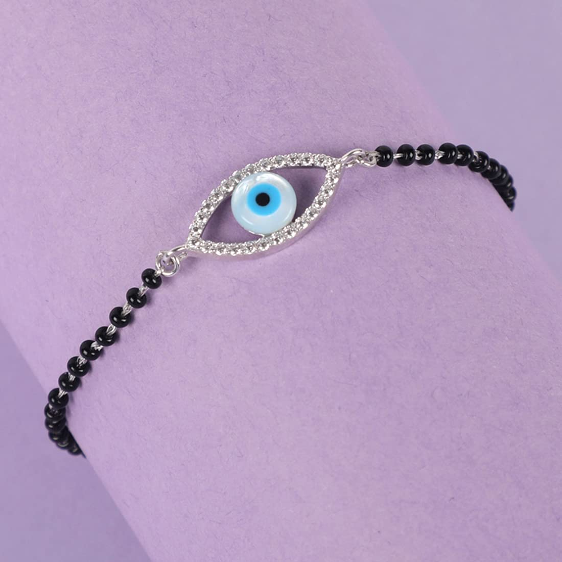 Clara Womens 925 Sterling Silver Evil Eye Halo Hand Mangalsutra Bracelet | Black Beads, Rhodium Plated | Gift For Wife