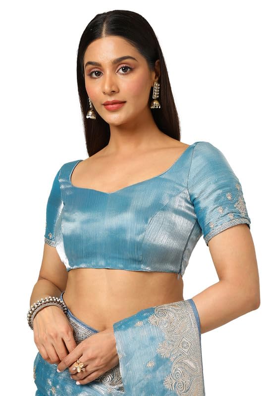 Soch Womens Powder Blue Organza Embroidered Saree With Stone Work