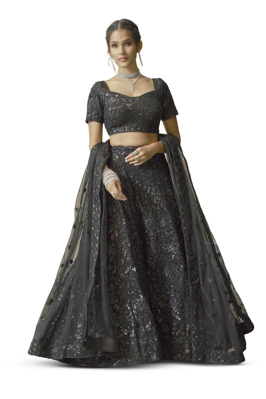 Soch Womens Black Net All-Over Floral Pattern Sequin Embellished Unstitched Lehenga Set