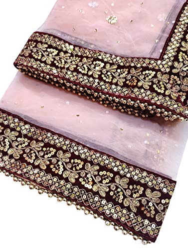Navti Creations Women's Heavy Net Dupatta With Zari Embroidery Heavy Border (Stone work, 2.25m) (Peach- Maroon)