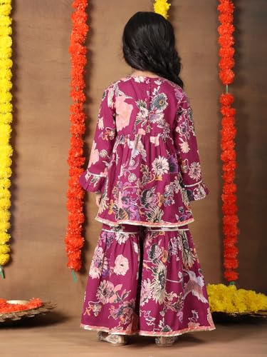 superminis Girls Cotton Floral Printed Gotta Work Full Sleeves Kurti and Matching Sharara Ethnic Wear Set (6-12 Months Purple)
