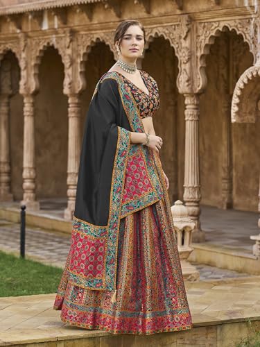 PURVAJA Women's Jacquard Semi-Stitched Lehenga choli (Hira-Black_Free Size)