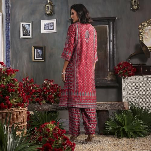 Biba Women Red Viscose Straight Printed Kurta Set_42