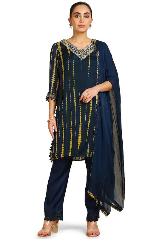 Soch Womens Blue Abstract Print Chinon Suit Set with Faux Mirrors & Sequins