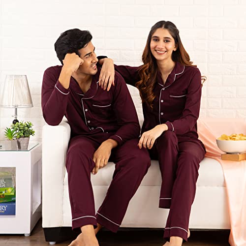 NITE FLITE Sangria Wine Mens Cotton Nightwear Full Sleeve | Top and Pyjama Set (Sangria Wine, XL)