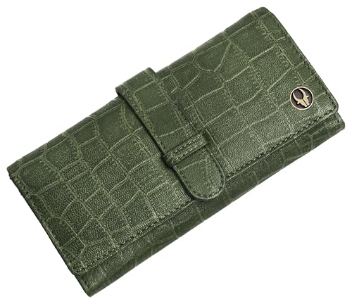WildHorn Women’s Genuine Leather RFID Blocking Wallet | Tri-Fold High-Capacity Ladies Purse with Card Slots, Zipper Coin Pocket & Snap Closure | Ideal Gift for Women (Green Croc)