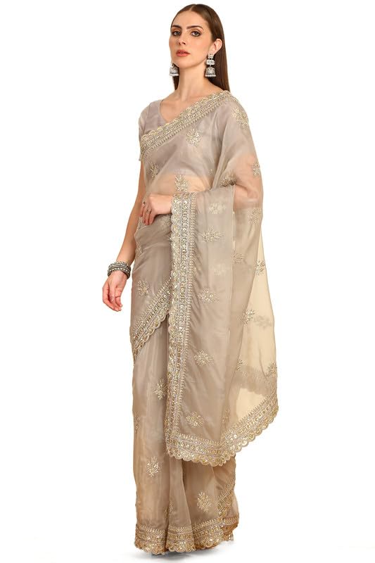 Soch Womens Grey Sequinned Embellished Organza Saree With Zardosi