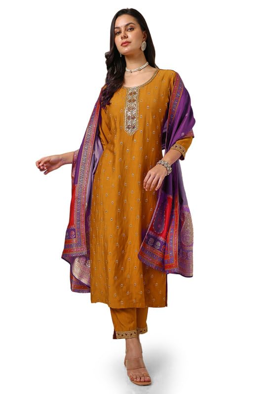 Soch Womens Mustard Silk Blend Embroidered Suit Set With Zardosi