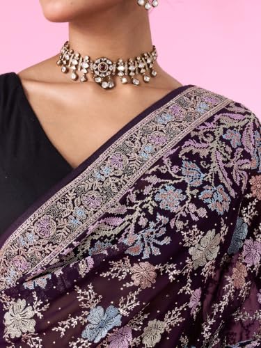 MOHEY Women's Georgette Stone Work, Thread Work & Zari Saree with Blouse Piece (Purple)