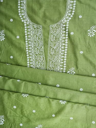 Ada Hand Embroidered Lucknowi Chikankari Unstitched Chanderi Dress Material Suit Piece with Dupatta for Women 01A791846 Mehndi Green