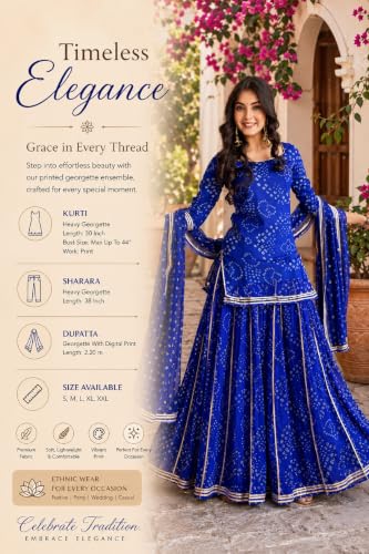 Women's Bandhani Printed Kurta Set With Dupatta And Sharara