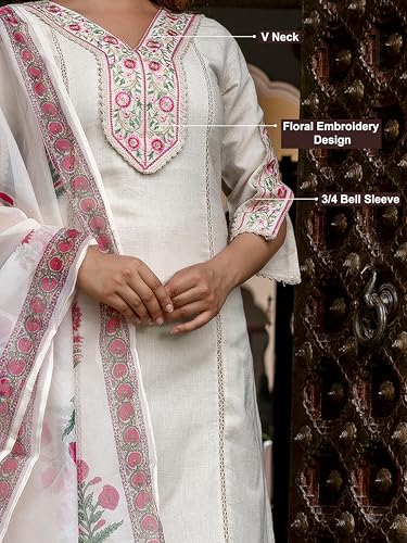 TRENDMALLS Women's Cotton Embroidery Kurta Pant with Dupatta Salwar Suit Set (G287-Offwhite-S-)