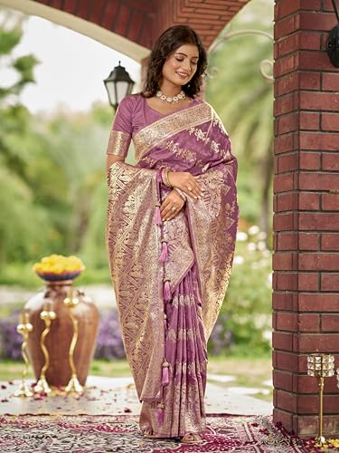 MANOHARI Women's Most Trendy Banarasi Satin Silk Woven Rose Pink Saree With Heavy Jacquard Work Saree With Blouse Piece_MN2026