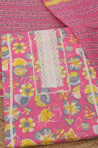 Soch Womens Pink Cotton Floral Printed Dress Material With Lace Inserts