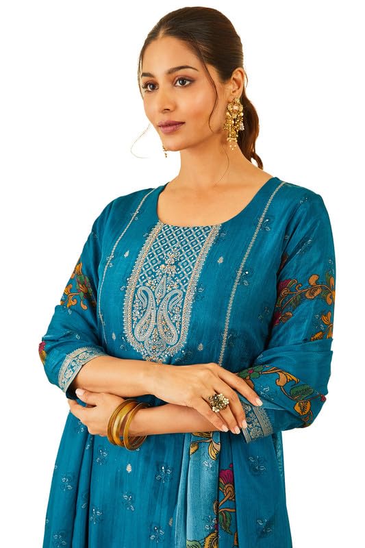 Soch Womens Blue Floral Print Brocade Suit Set with Dupatta