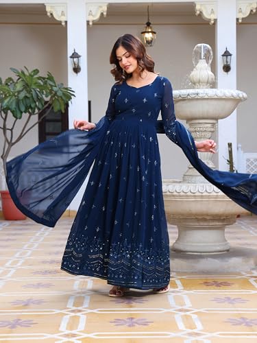 Fashion Basket Women's Georgette Anarkali Lond Dress with Duptta Turquoise