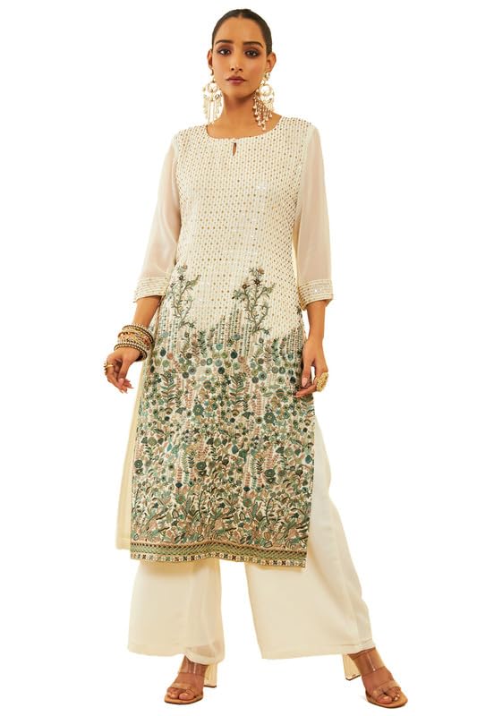 Soch Womens Off White Georgette Floral Embroidered Suit Set With Sequins