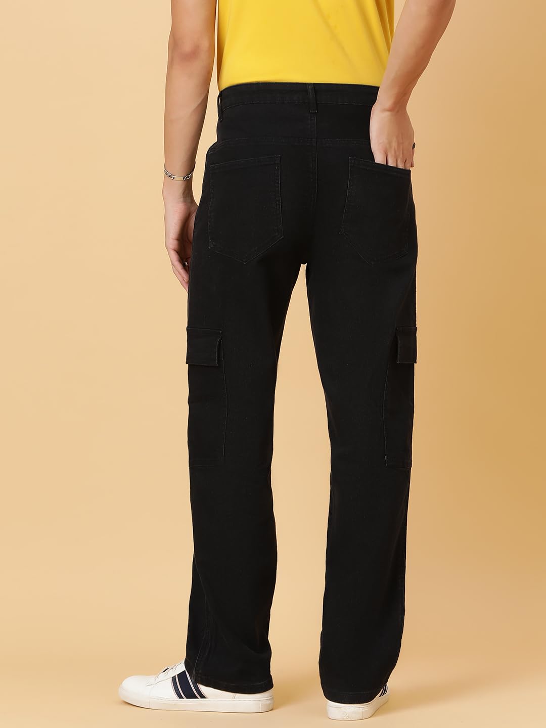 KOTTY Men's Solid Mid Rise Straight Fit Stylish Looking Cargo Jeans(Black,32)