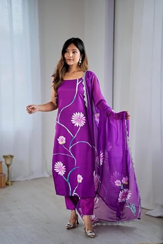 AVYUKTHA | Women Floral Embroidered Kurta with Pyjamas & Dupatta | Thread Work Ethnic Kurta Set for Women | Festive & Daily Purple | Size- M