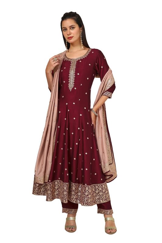 Soch Womens Maroon Silk Blend Suit Set With Sequins