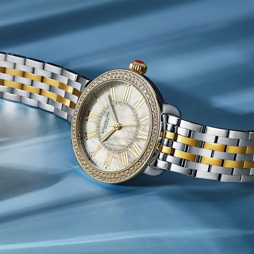 Stuhrling Original Women’s Stainless Steel Watch – Crystal Bezel, Iridescent Mother-of-Pearl Dial, Quartz Movement, Mineral Crystal, Steel Bracelet, 50M Water Resistant, Red Crown, Gold