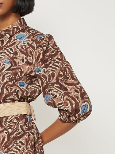 Max Women Printed Tiered Dress with Belt(Brown_XS)