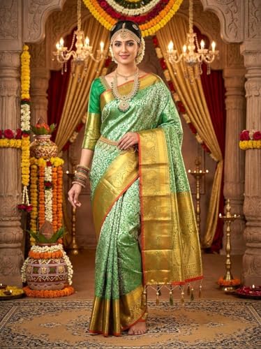 VFCollections Women's Traditional Handloom Kanchipuram Silk Pure Pattu Sarees | Rich Zari Woven Design | Unstitched Blouse (VFC548-4)