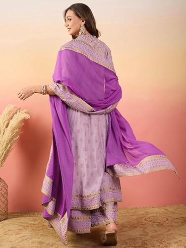 AVYUKTHA Cotton Kurta Palazzo & Dupatta Set For Womens | Regular Fit | 3/4 Sleeve | V Neck | Printed Embroidery | Anarkali | Lightweight | Ethenic Dress | Ideal For Weddings & Parties | S | Skin