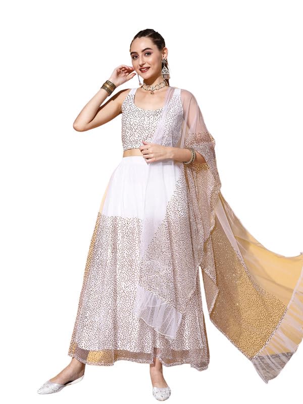 Ahalyaa White & Gold-Toned Printed Ready to Wear Lehenga & Blouse With Dupatta