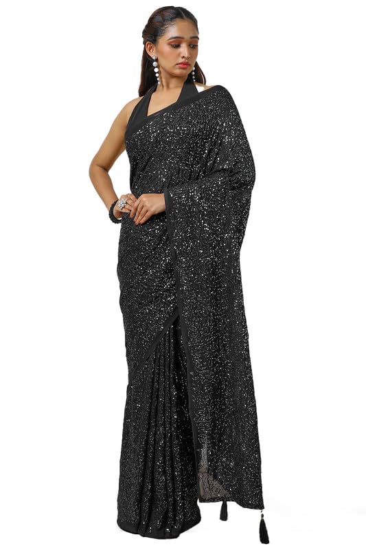 Soch Womens Black Chiffon Saree With Sequence Work
