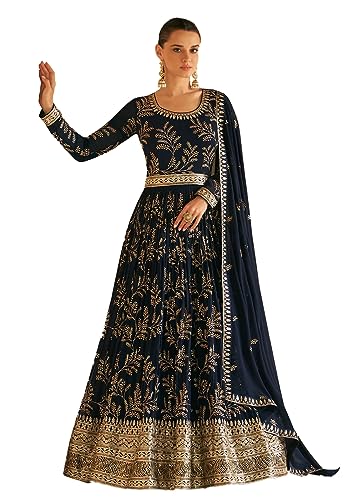 Miss Ethnik Blue Faux Georgette Full Sleeve Anarkali Gown with Dupatta | Embroidered Indian Dress for Weddings & Festivals | Elegant and Stylish Traditional Ethnic Attire (ME-1124-Blue-L)