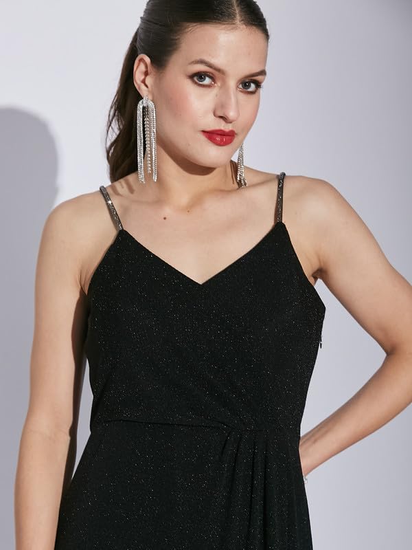 Latin Quarters Women Black V-Neck Sleeveless Solid Dress_M