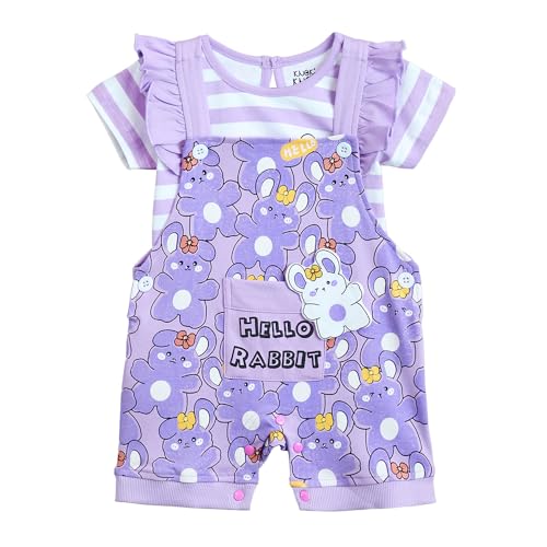 Hopscotch Girls Purple Short Sleeves 2-Pc Pure Cotton T-Shirt And Dungaree For Ages(9-12 Months)