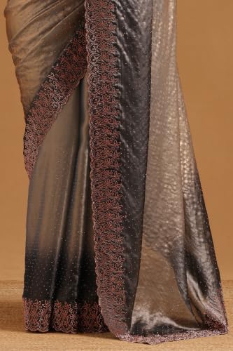 Soch Womens Blue Fendy Organza Ombre Stone Embellished Saree