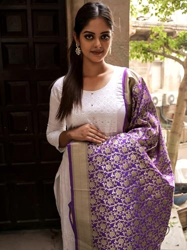 Exotic India Brocaded Banarasi Traditional Semi Katan Silk Dupatta Chunni For Women's and Girls with Zari-Woven Floral All-Over Vine Pattern Stole For All Occasion and Seasons