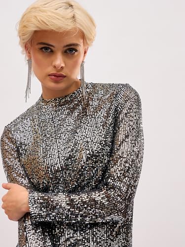 Sassafras Women Black Sequin High Neck Back Slit Midi Dress S