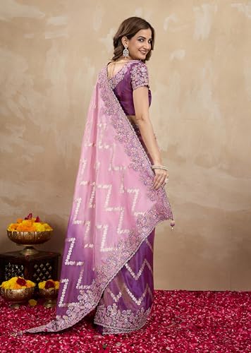 TRENDMALLS Women's Jacquard Silk Embroidery Saree with Unstitched Blouse Piece (K1172-Purple)