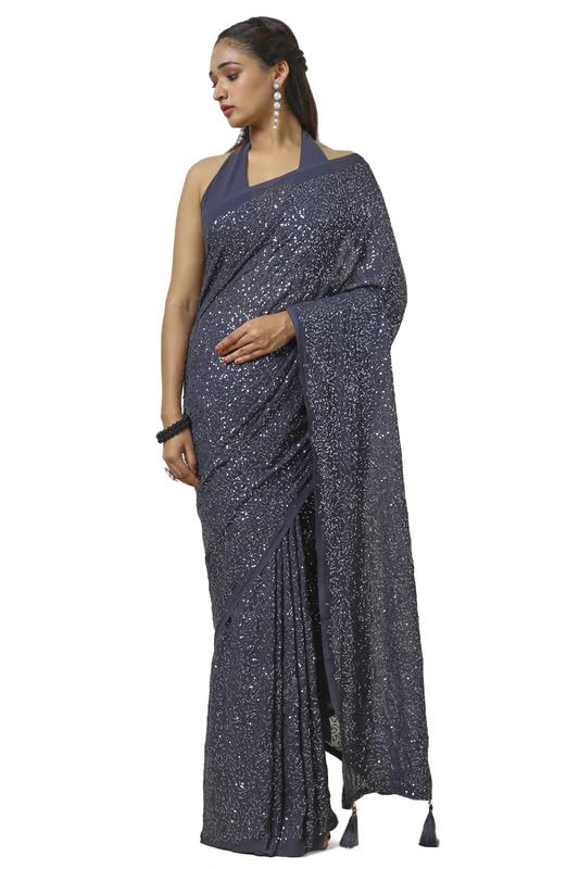 Soch Womens Charcoal Chiffon Saree With Sequins Work