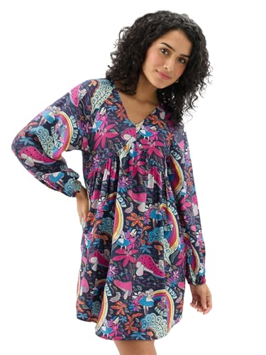 The Souled Store Official Disney: Viscose Blend Mushroom Women & Girls Full Sleeves V Neck All Over Printed Mini Dresses Multicolour