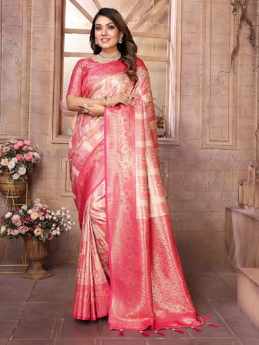 Panzora Women's Peach Banarasi Silk Saree With Unstitched Blouse Piece
