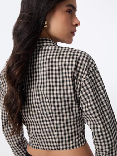 The Souled Store Cherry Berry: Women and Girls Full Sleeves Button-Down Collar Black and Beige Checkered Cotton Regular Fit Lightweight Embroidered Casual Shirt