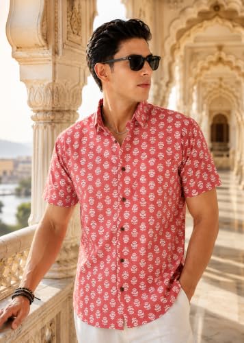 Majestic Man Men's Sanganeri Printed Pure Cotton Casual Shirt | Half Sleeve | Slim Fit | Collared Neck | Stylish Everyday Wear (Peach, XX-Large)