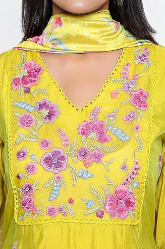 W for Woman Floral Embroidered Flared Chanderi Kurta with Straight Pant and Dupatta Set - Yellow (WS12917-223750-L)