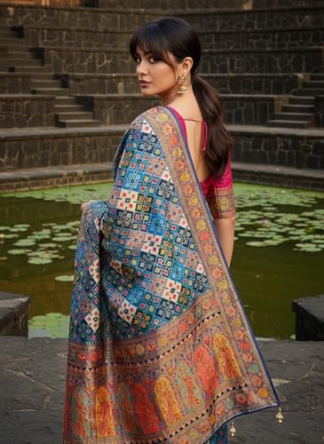 Glory Sarees Women’s Luxurious Dola Pure Silk Original Saree Position Print Work Bandhani Patola Inspired Motifs Banarasi Kanjivaram Style Saree With Blouse Piece(Elegant108_Blue)